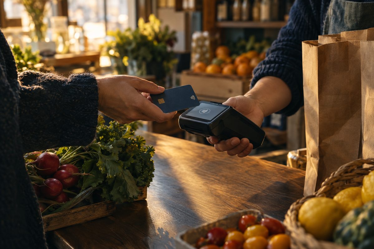 A shopper paying with a contactless card at a grocery checkout