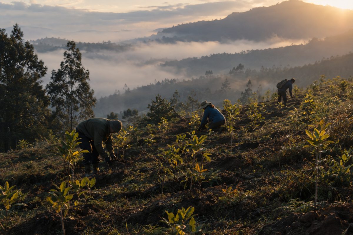 Conservation workers planting native tree seedlings on a misty hillside